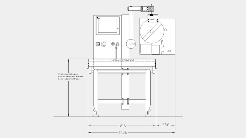 Frame heightTo cater for various height production lines, there are three frame height options. The standard height frame gives a conveyor height range of 755-920mm, the medium frame 850-1015mm and the tall frame option gives a conveyor height range of 945-1110mm.